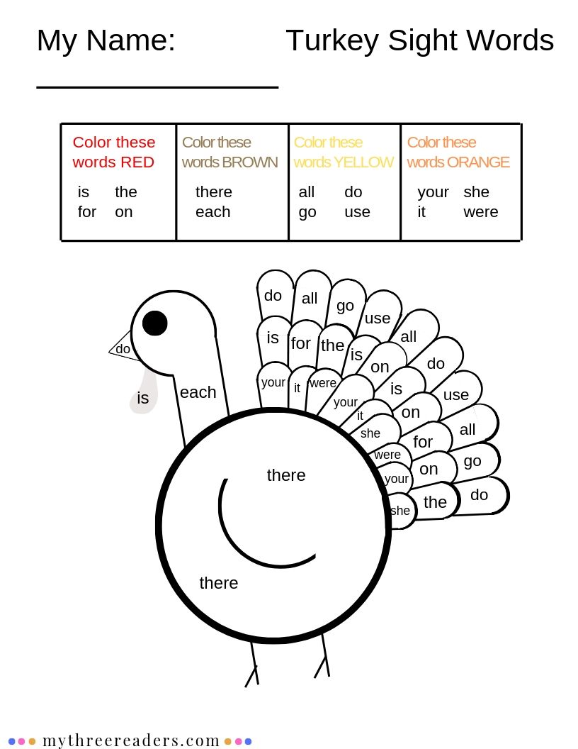 Coloring Turkey Sight Words